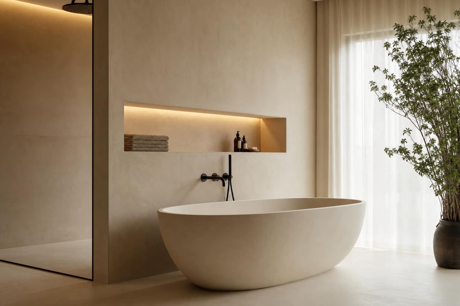 Luxuriöses Bad in Luxemburg mit freistehender Badewanne und fugenlosen Oberflächen